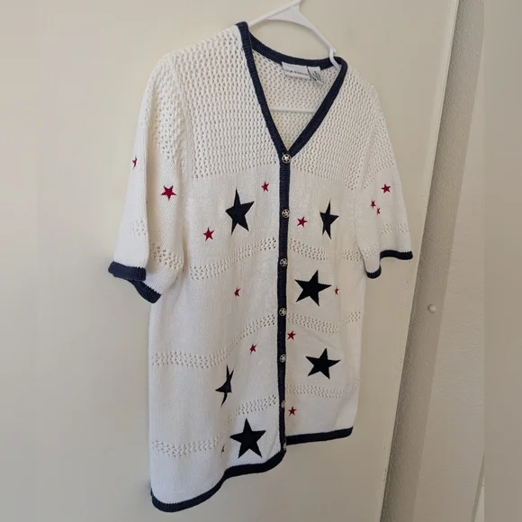 Vintage Croft & Barrow Womens Medium Ramie Cotton Cardigan Sweater White Stars - Picture 4 of 6